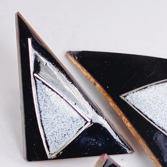 VTG MCM Enamel Copper Brooch & Earrings Set Modernist Geometric Black White - Picture 6 of 11